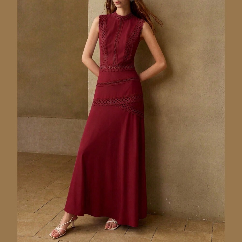 Burgundy Lace Trim Sleeveless Maxi Dress with Stand Collar - Picture 3 of 6